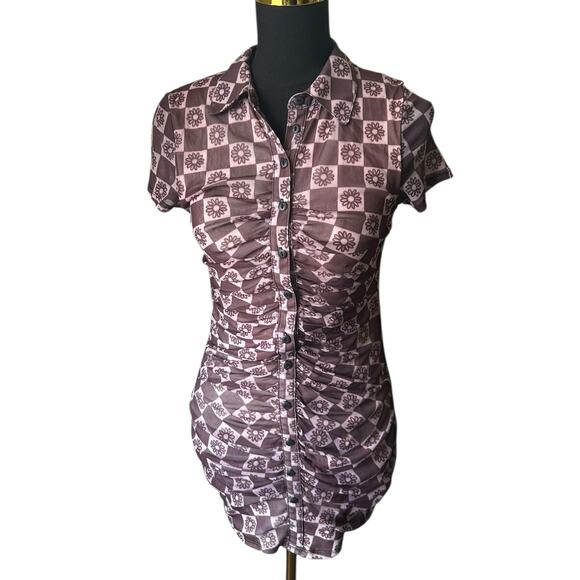 Urban Outfitters Women’s Brown Retro Mesh Mini Dress Floral Checkered Size Small - Picture 2 of 5